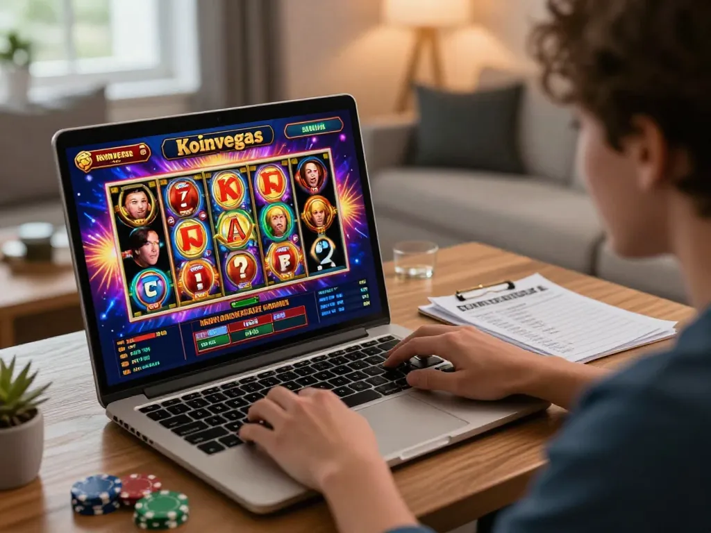 Koinvegas slot game player enjoying vibrant online slots in cozy home setting.