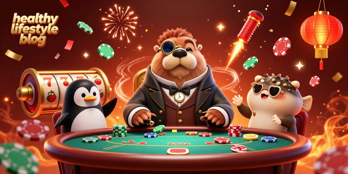 This vibrant scene showcases the healthy lifestyle blog's captivating casino theme with whimsical characters engaging at a lively poker table.