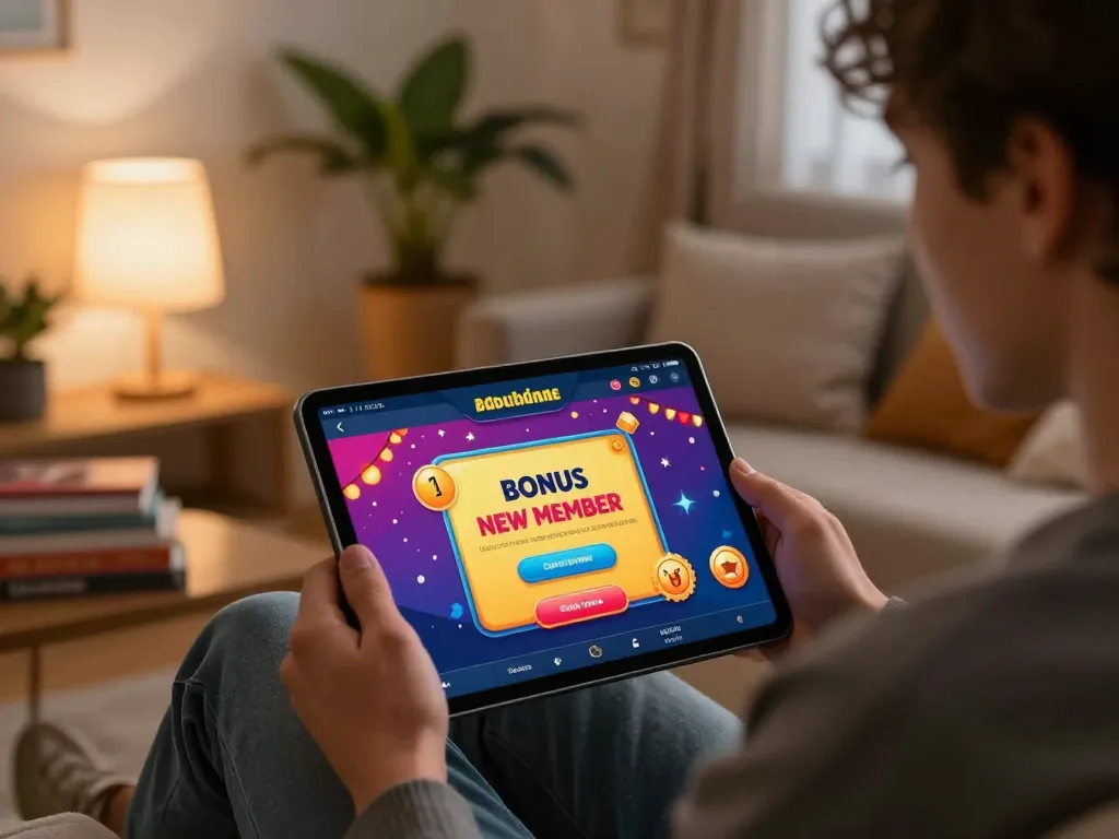 Engaging in online gaming with a bonus new member offer displayed on tablet screen in cozy home setting