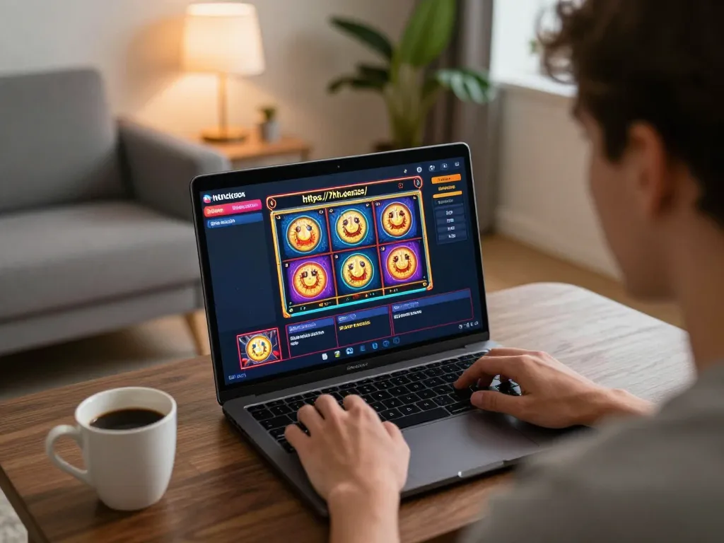 Play slots on https://7hh.games/ with a laptop in a cozy living room, creating a relaxed gaming ambiance.