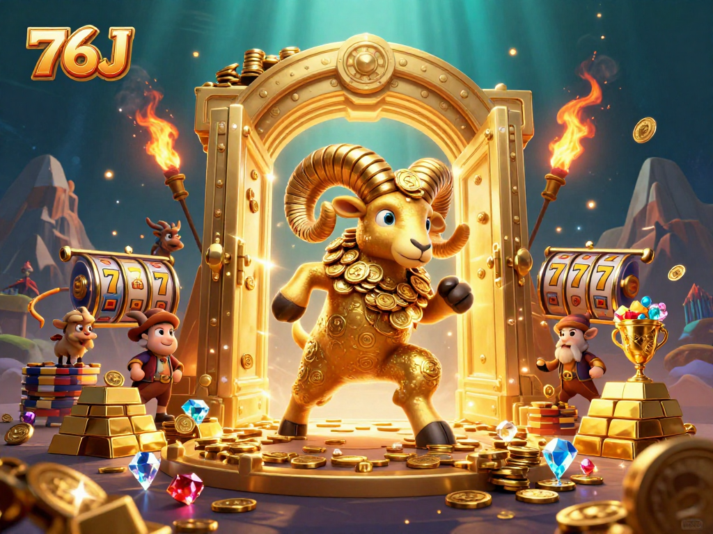 Ganhe com 76J, ilustrando um cassino vibrante com o carneiro dourado e símbolos de slot.