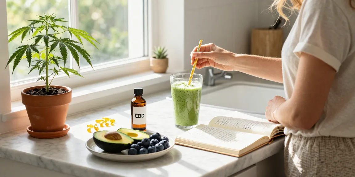 Ministry of Cannabis CBD oil and healthy smoothie ingredients on kitchen counter, promoting natural wellness.