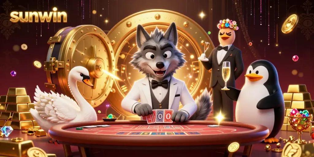 Play at sunwin with dynamic casino characters and treasures in a vibrant 3D illustration.