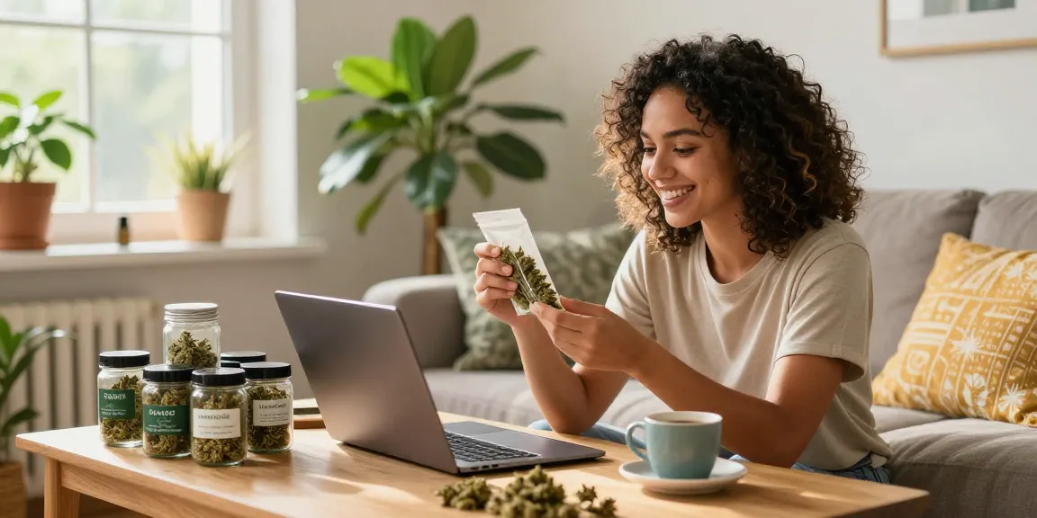 Shopping for weed online in the UK, showcasing premium cannabis options in a cozy setting.