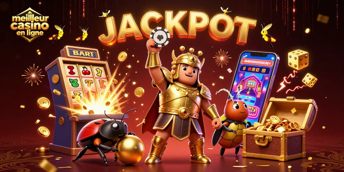 Venez découvrir le meilleur casino en ligne avec une illustration dynamique d'un insecte en armure et jackpot.