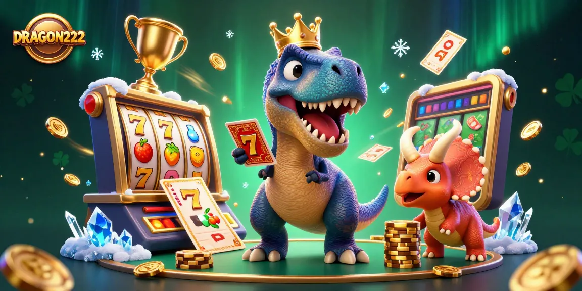 Engage in slot action with DRAGON222, featuring a T-Rex shuffling cards and winning stacks of chips.