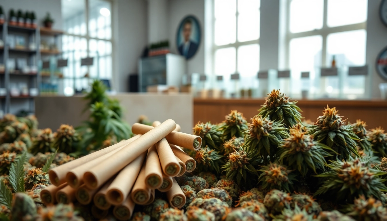 Showcasing the cost for ounce of weed with a variety of pre-rolled joints in a professional dispensary setting.