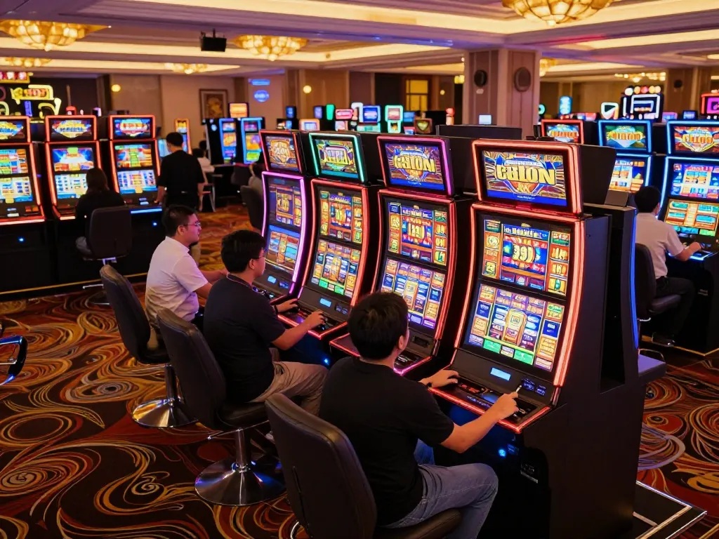 Engaged players enjoying slot gacor gameplay at a lively casino with vibrant neon lights.