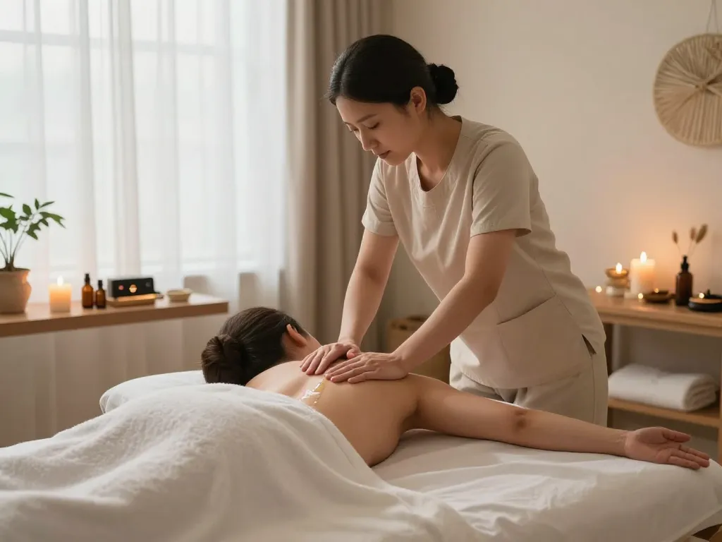 Relaxing 부산스웨디시 massage environment with calming decor and a therapist in action.