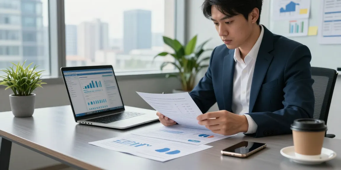 Professional analyzing asset tracing data at modern office desk with financial reports, laptop, and city view.