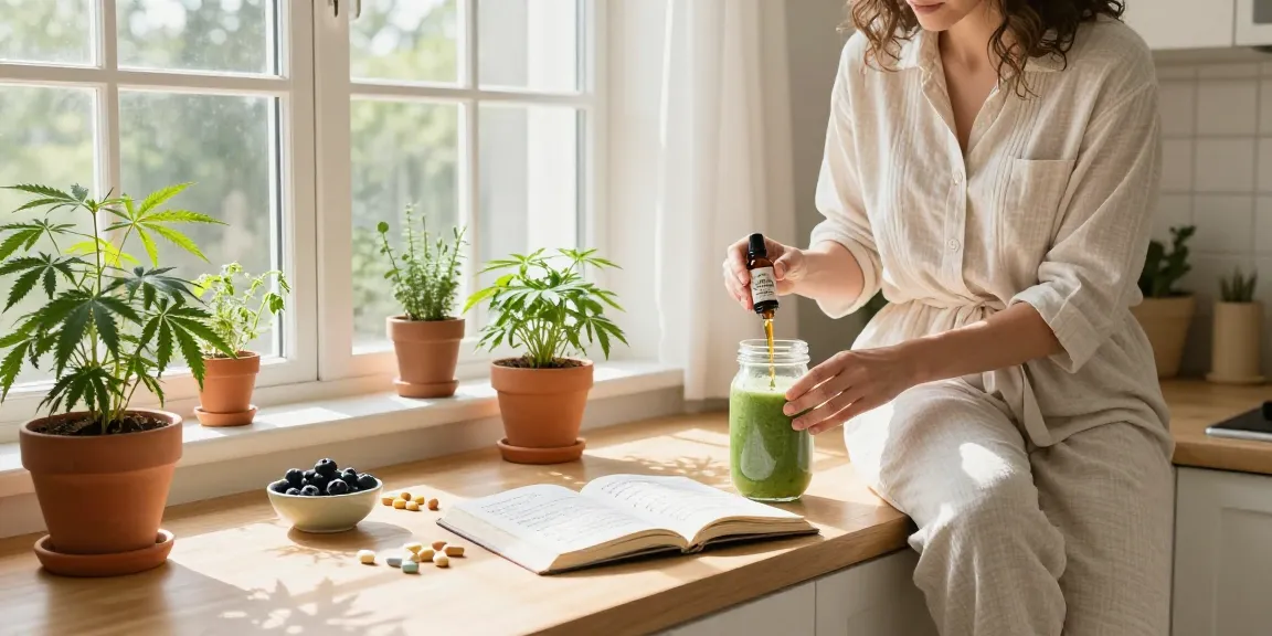 Mushroom Elixirs CBD oil tincture integrated into morning wellness routine with fresh ingredients and hemp plants.