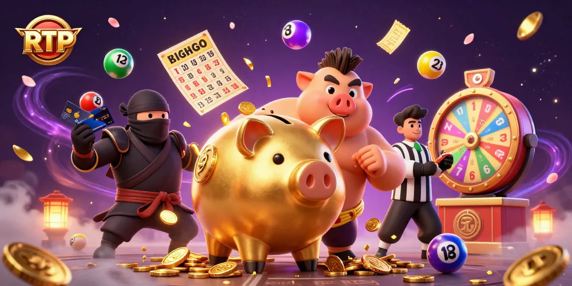Engage with RTP in this vibrant 3D casino scene featuring lively characters and lottery elements.