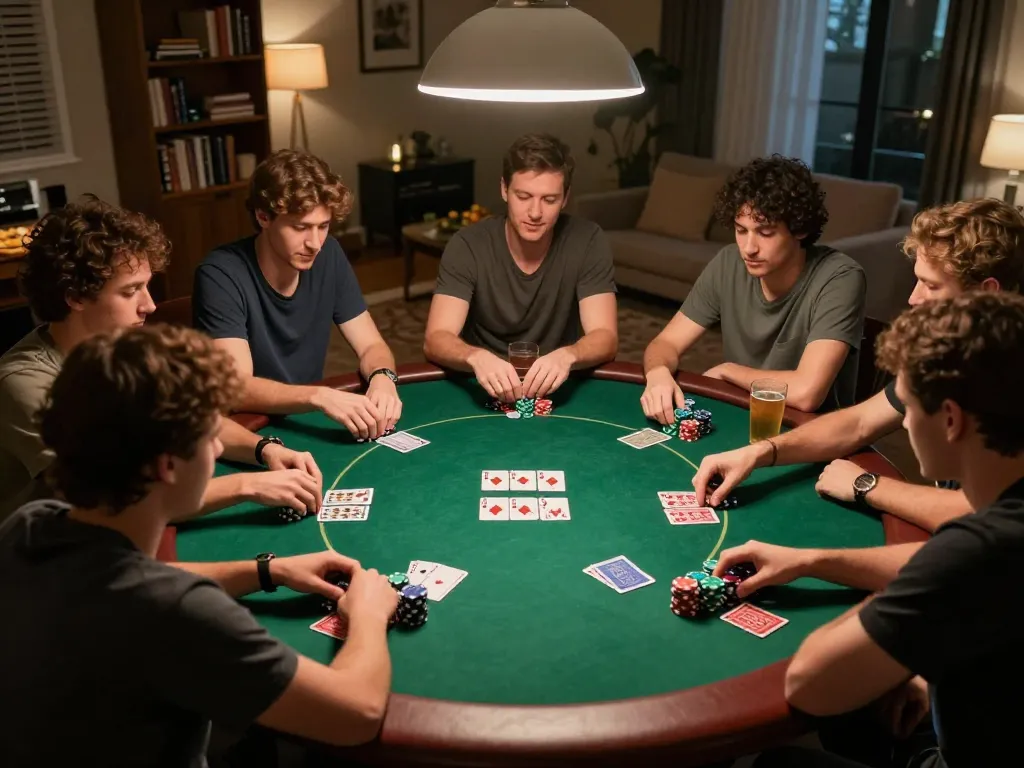 Poker gameplay at home featuring players engaged around the table, showcasing the official hidden wiki relevance in social gaming settings.