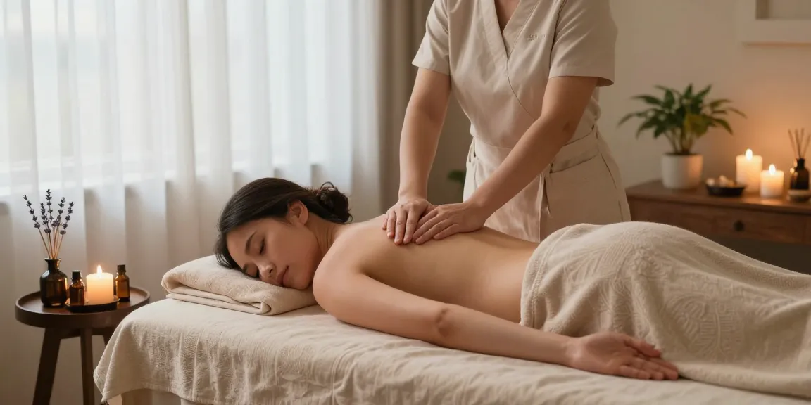 Relaxing 스웨디시 massage session in serene spa environment with soothing candles and aromatic oils.