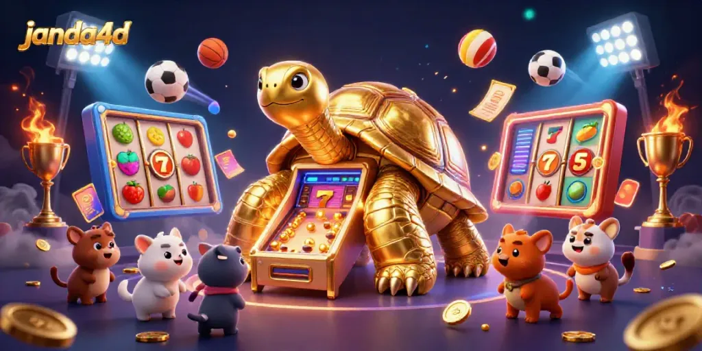 Gambarkan momen mendebarkan di JANDA4D dengan mesin slot dan karakter lucu menunggu giliran bermain.