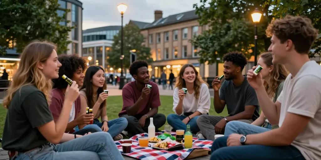 Friends enjoying cannabis while buying weed in Newcastle upon Tyne in a vibrant urban park.
