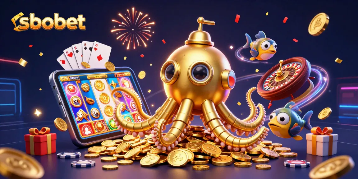 Engage with sbobet in a vibrant, dynamic casino adventure with a kraken submarine amidst golden coins.