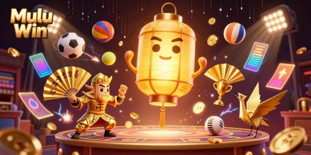 Players engage in thrilling games at Mulu Win's vibrant casino, surrounded by sports elements.