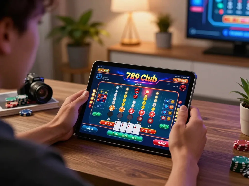 Player engaged in a thrilling game at 789 club online casino, showing cards and chips in modern home setup.