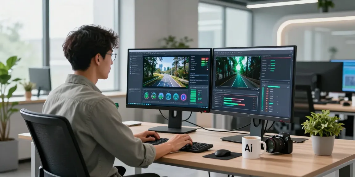 AI image detection process by a professional using a free ai detector tool in a modern office setting.