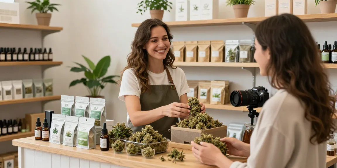 Kunden im CBD Shop bei der Auswahl von hochwertigen CBD Blüten.