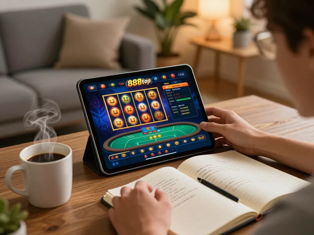 Engaging with 888top casino games on a tablet, player strategizing in a cozy home environment.