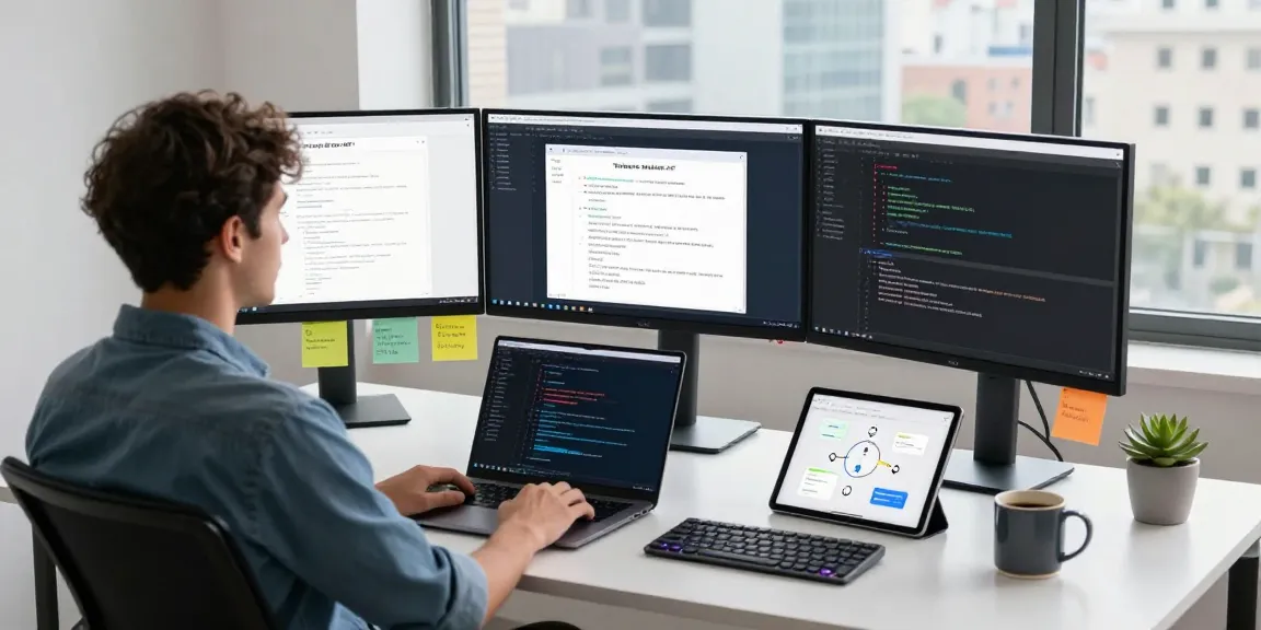 Workspace illustrating Telegram API development with coding tools and vibrant office elements, showcasing the telegram官网