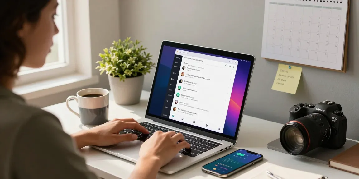 Person using WhatsApp電腦版 in a modern home office with a laptop and smartphone.