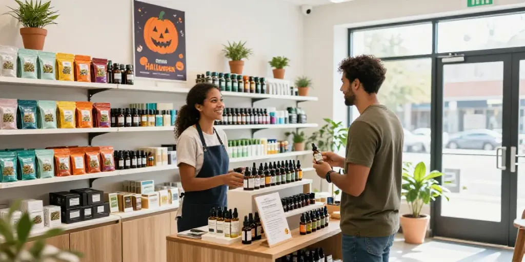 Customer exploring high-quality CBD shop products with staff support in a bright, inviting environment.