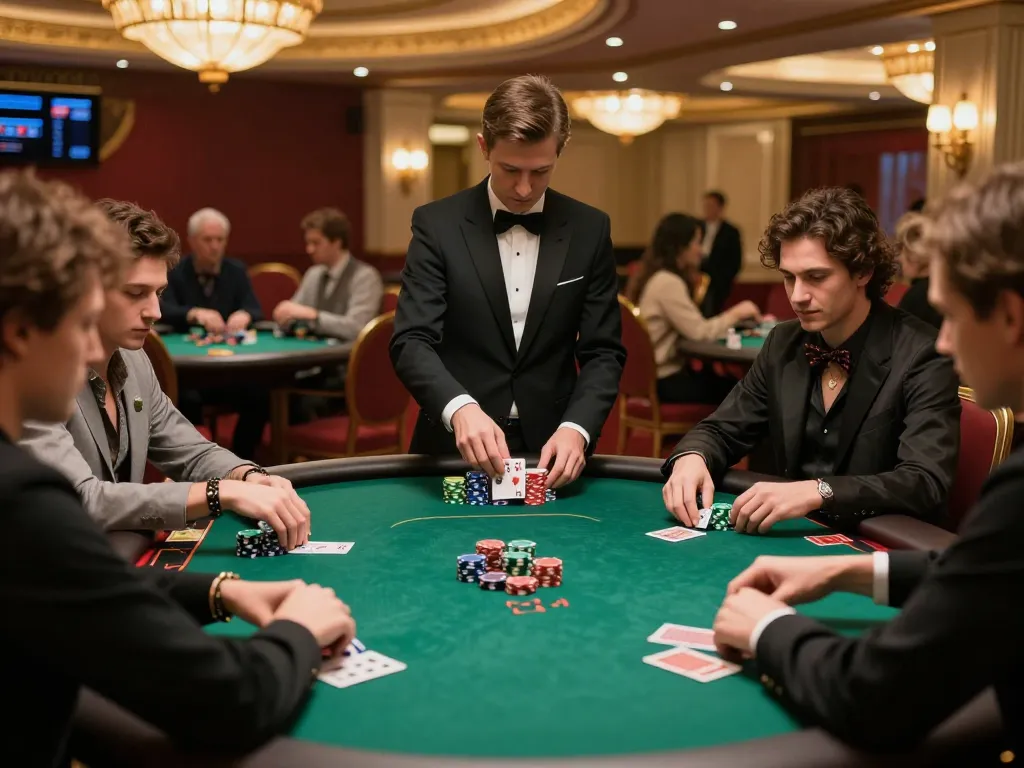 Poker players engaged in a competitive game at a vibrant casino table during a tournament with 388bet