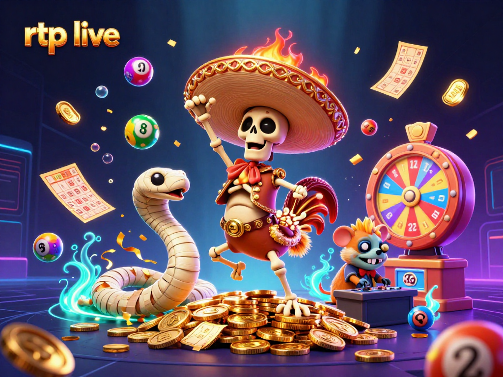 Engaging 3D illustration of rtp live featuring a skeleton rooster, mummy snake, and DJ hamster in a vibrant casino scene.