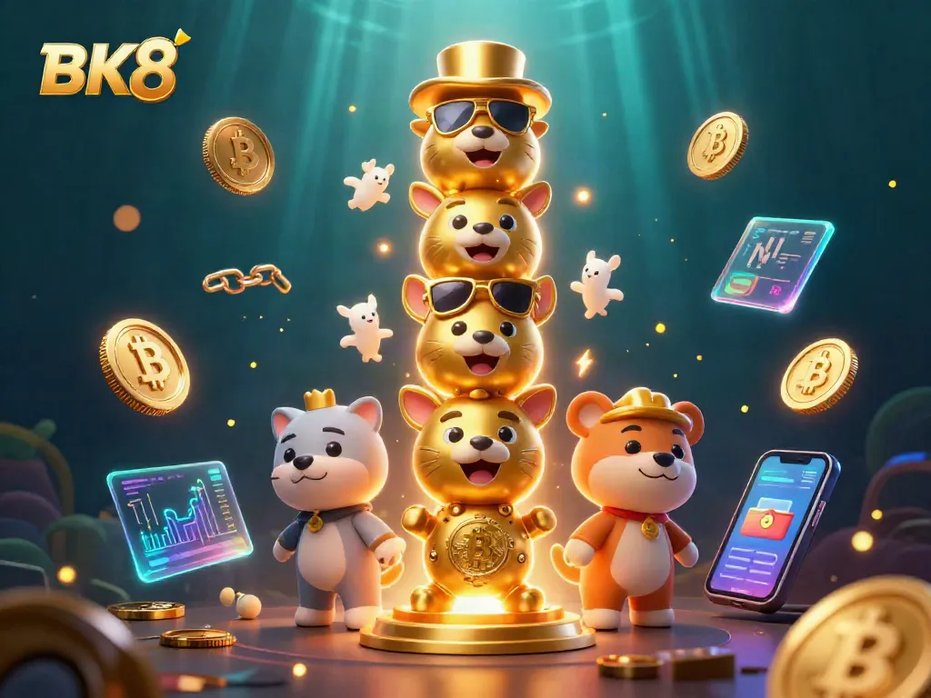 Engage with BK8's dynamic gaming universe featuring a golden totem pole and cryptocurrencies.