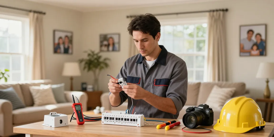 Expert electrician from migliorhosting.info ensures safety during home electrical inspection with tools in a cozy living room.