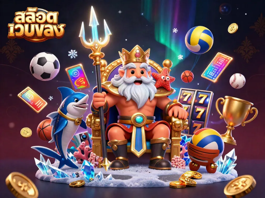 Engage with สล็อตเว็บตรง in a visually captivating 3D scene featuring Neptune, a swordfish samurai, and vibrant slot elements.