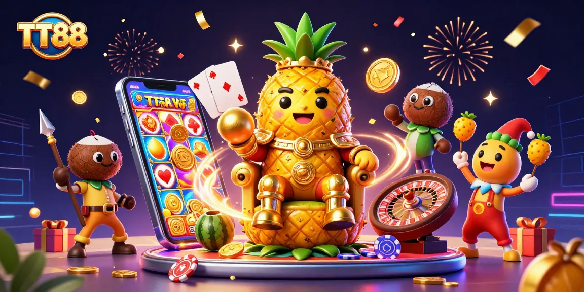 Engage with TT88's vibrant casino scene featuring the golden pineapple king and exciting game elements.