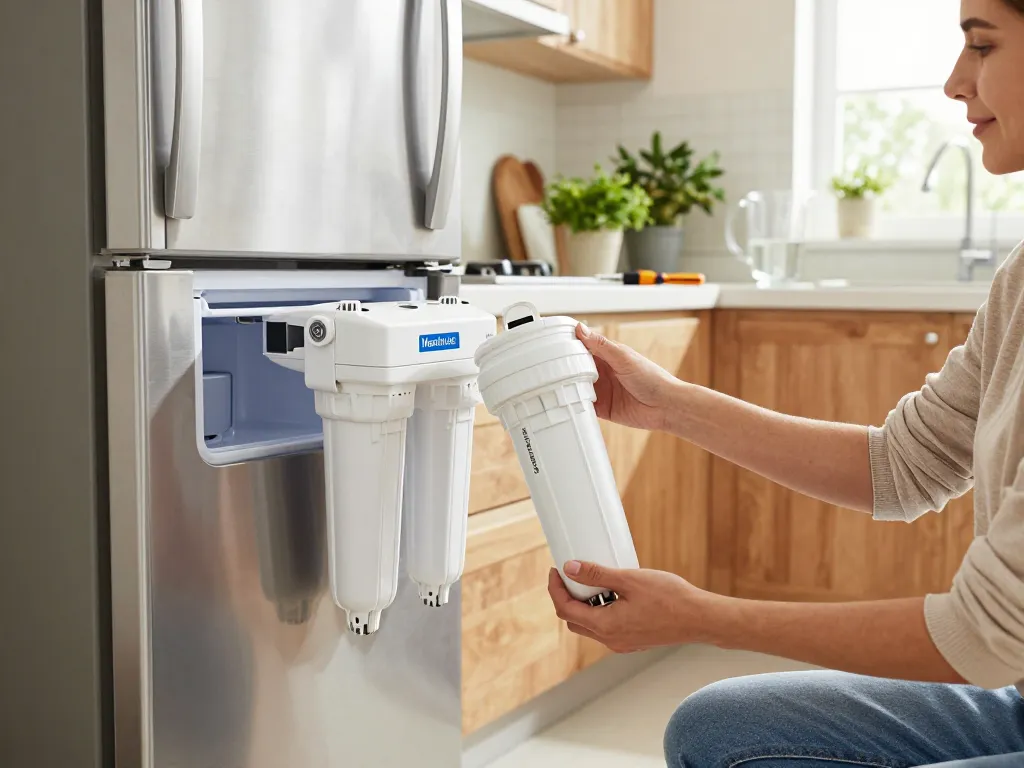 Person replacing Maxblue XWF Replacement for GE® XWF water filter in bright kitchen.