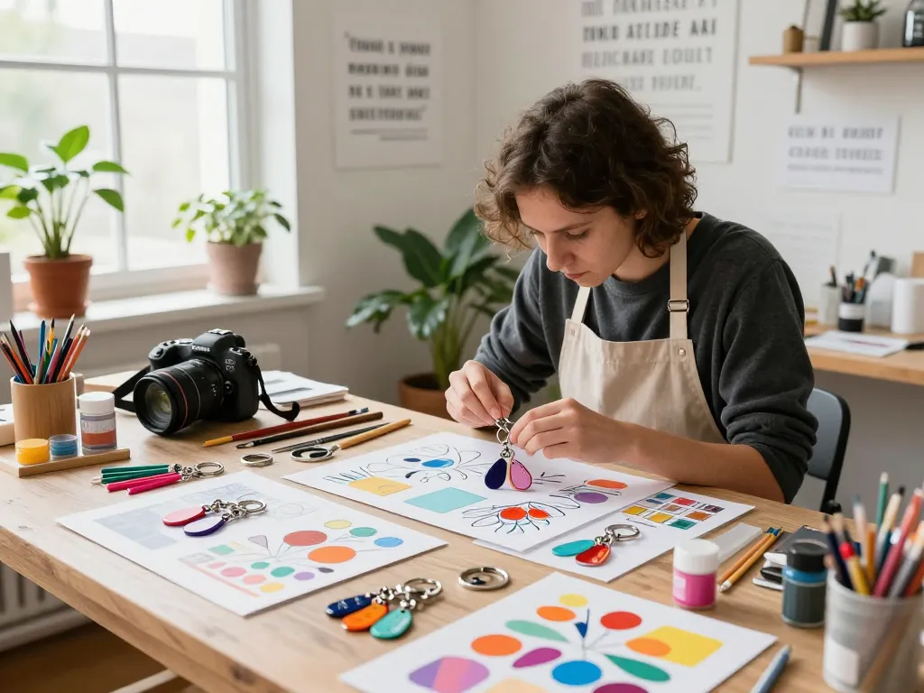 Handcrafted custom key chains on an artist's workspace, showcasing creativity and design process.