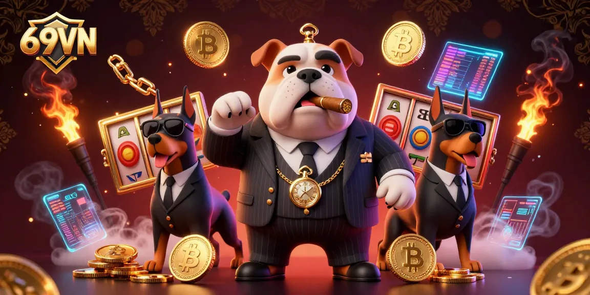 Engage with 69VN's vibrant online casino scene featuring a mafia bulldog and dynamic gambling elements.