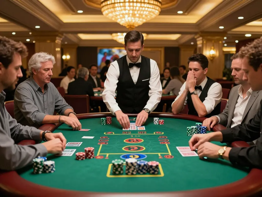 Experience intense blackjack gameplay at nhà cái s8 with strategic players and a professional dealer.