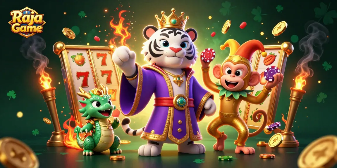 Experience thrilling gameplay with Raja Game, featuring a white tiger, monkey, and jade dragon in a vibrant casino scene.