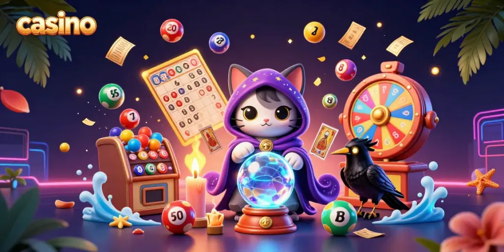 Experience vibrant casino magic with a fortune teller cat, tarot raven, and casino elements.