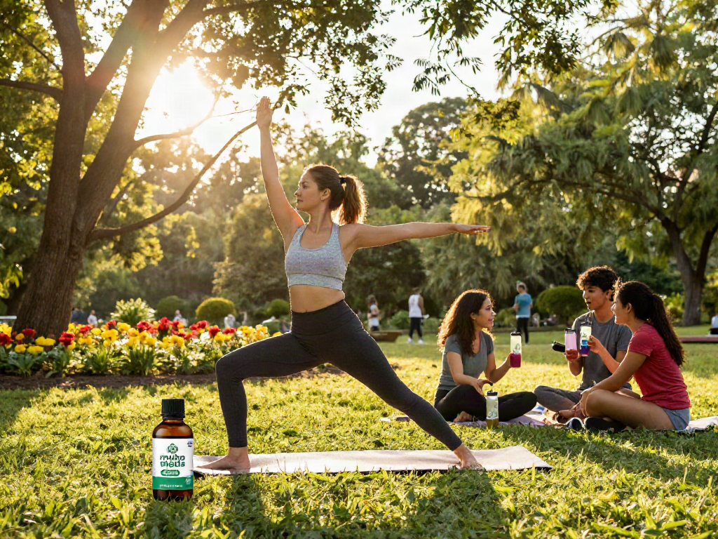 Muha meds CBD oil beside a woman practicing yoga outdoors, showcasing natural wellness.