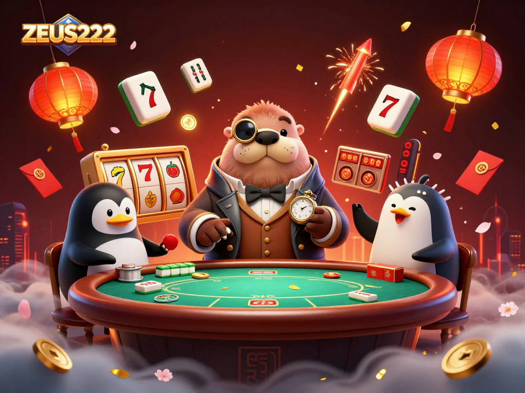Experience the excitement at ZEUS222 with a joyful scene of a walrus, penguin dealer, and pufferfish amidst vibrant slot elements.