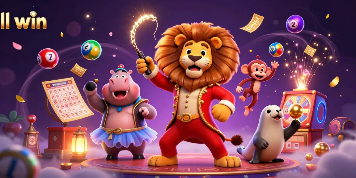Spin and win big with ll win's colorful lottery scene featuring circus characters and game elements.