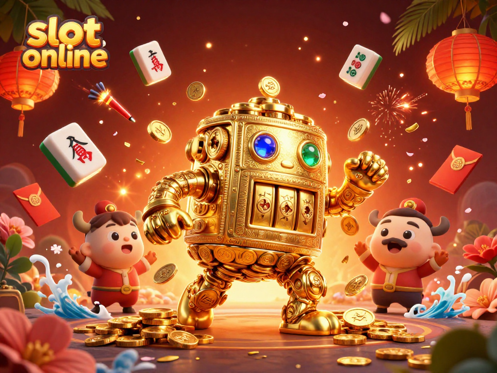 Immerse in slot online excitement with a dynamic golden golem and colorful casino elements.