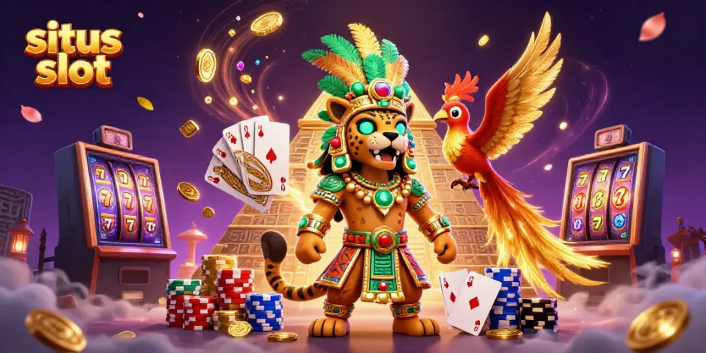Experience thrilling situs slot gameplay with a Mayan jaguar priest, golden coins, and radiant slot reels.
