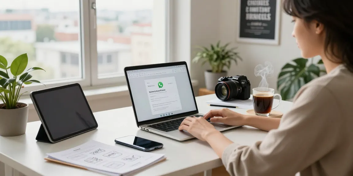 The user engaging with WhatsApp電腦版 on a laptop in a bright and organized home office.