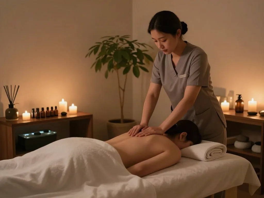 Experience 서대문출장마사지 in a tranquil spa environment with soothing candles and essential oils.