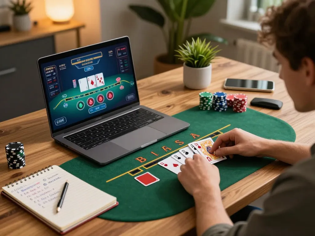 Player managing their bankroll while playing xx88 live blackjack at a cozy home workspace.