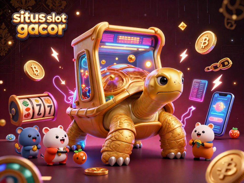 situs slot gacor captivates players with a vibrant slot scene featuring a golden tortoise pinball machine and excited animals.